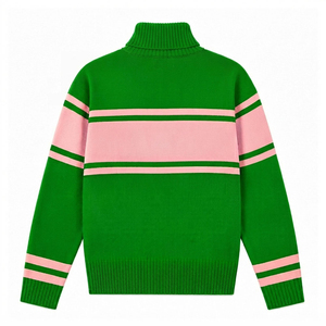 Suéter Verde de Cuello Alto para Mujer, con Rayas Rosas, Logotipo Personalizado, Tejido, Informal, para Otoño - Product Image 4