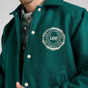 Demand The Impossible Embroidered Varsity Jacket Men's Black Letterman Jacket with Zipper Closure and Striped Trim - Product Image 4