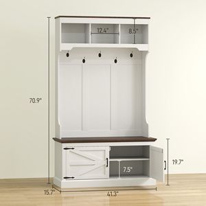 Appendiabiti da ingresso 3 in 1 in legno bianco con cinque ganci e panca porta scarpe, mobile per l'ingresso di casa - Product Image 3