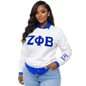 ZPB เสื้อสเวตเตอร์เชนิลล์สีขาวผู้หญิงตัวอักษรกรีกเซต้า ฟี เบต้าเสื้อสเวตเตอร์ปักสีน้ำเงินเสื้อสวมหัวลำลอง - Product Image 1
