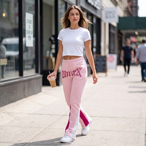 Pink Embroidered Heavyweight Solid 100% Cotton Quick Dry Tracksuit Pants Women Drawstring Jogger Sweatpants Side Stripe Casual - Product Image 5