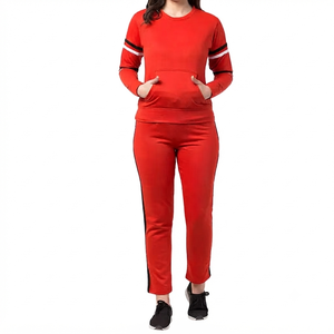 Survêtement de maternité rouge pour femme, manches longues, col rond, couleur unie, pantalon décontracté avec poches latérales, taille élastique, vêtements d'automne - Product Image 1