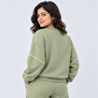 Sweat-shirt à col rond vert sauge pour femme, best-seller, épaules tombantes, manches longues, passepoil contrastant, en molleton, pour femme