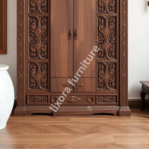Luxury Handcrafted Solid Wood 2 Door <b>Wardrobe</b> Ornate Scrollwork Carving Premium Finish Armoire - Product Image 4