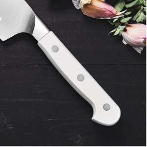 Couteaux de cuisine Santoku blancs à trois rivets avec lame ovale alvéolée argentée pour trancher les aubergines, hacher les légumes et couper en dés - Product Image 6