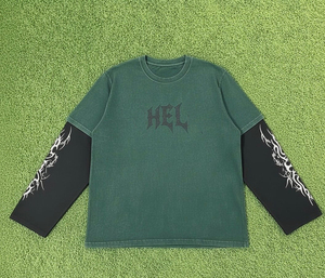 เสื้อยืดแขนยาวสไตล์เฮลพังก์ทรงโอเวอร์ไซส์สำหรับผู้ชาย ผ้าคอตตอนเจอร์ซีย์ คอกลม แต่งขอบตัดกัน พิมพ์ลายตัวอักษร เสื้อยืดสองชั้น - Product Image 2
