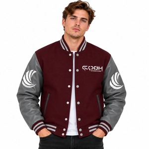 Chaqueta Varsity para hombre en color granate con bloques de color, mangas grises, cierre de botones a presión, estilo Letterman, chaqueta clásica de béisbol. - Product Image 4