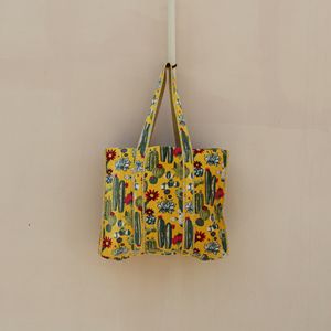 Bolsa de Mano Acolchada de Terciopelo de Algodón Estampado, Estampado Floral de Cactus, Cierre de Cremallera, Asa Doble, Bolsa de Compras y Viaje de Tela Ecológica - Product Image 2