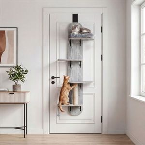 Arbre à chat suspendu gris réglable à 5 niveaux, 4 plateformes, sans perçage pour installation facile en appartement - Product Image 5