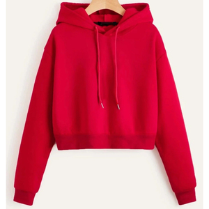 Sweat-shirt à capuche court rouge pour femme, manches longues, couleur unie, pull en coton tricoté pour l'automne - Product Image 1