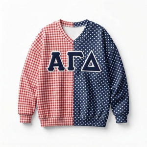 V-Neck Sweatshirt <b>Red</b> <b>Gingham</b> Blue Polka Dot Asymmetric Design Embroidered Greek Letters Women's Preppy Style Autumn Wear - Product Image 1