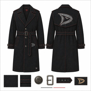 Gabardina Gótica de Mezclilla Negra Cruda para Hombre, Abrigo Largo con Cinturón y Costuras Rojas en Contraste, Estilo Grunge Urbano de Algodón Pesado - Product Image 6