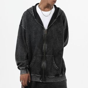 Mens <b>Zip</b> Up Acid Wash <b>Hoodie</b> Vintage Oversized Casual Fall Jacket Cotton Hooded Sweatshirts with <b>Pockets</b> Streetwear - Product Image 4