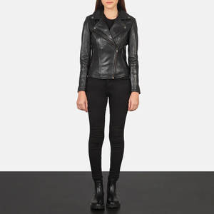 Blouson de motard en cuir noir pour femme, classique, avec fermeture éclair sur le devant, détails matelassés, coupe ajustable, look vintage élégant, idéal pour la conduite - Product Image 3