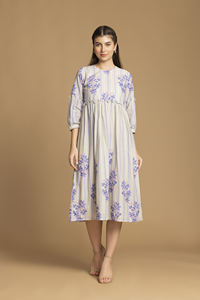 High Quality Beige Floral Printed Flared Dress Cotton Blend Dress with <b>Three</b>-Quarter Sleeves for Women for Export Selling Price - Product Image 3