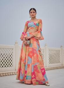 Conjunto de lehenga choli con top corto de georgette estampado digital para mujer, ropa festiva para fiestas, cosido, tallas 34 a 42 - Product Image 4