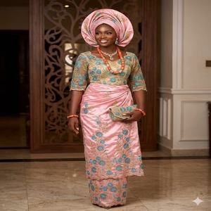 Splendor Cultural Nigeriano: Tela de Seda Tafetán George con Bordado Floral, Tejido Transpirable y Antiestático - Product Image 1