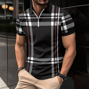 T-shirt décontracté pour homme en coton épais respirant, à manches courtes, imprimé à carreaux bleus, avec fermeture éclair sur le devant, taille 3XL - Product Image 3