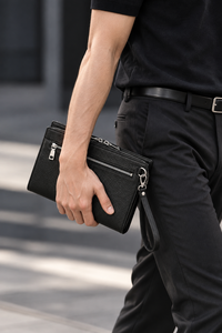 Men's Genuine Leather Clutch Bag <b>Fingerprint</b> <b>Lock</b> Zipper Polyester Fashion Business Wallet-Large Capacity for Office Party - Product Image 4