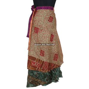 Falda Larga Boho de Tela Vintage, Estilo Indio, de 2 Capas, Reversible, de Seda Mágica, Tipo Sari - Product Image 4