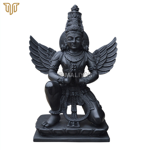 Black Marble Garuda Statue | Garuda Dev Murti with Large Wings and Folded Hands | Hindu Religious Idol – MALIYAS - Product Image 2