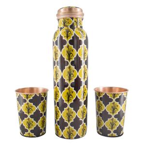 Bouteille d'eau artisanale en cuivre pur avec revêtement anti-corrosion en verre, magnifiquement gravée, bienfaits ayurvédiques traditionnels - Product Image 1