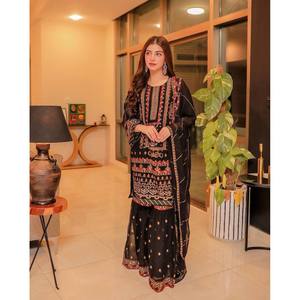 Designer Party Wear Chiffon Top and Bottom <b>with</b> Three-Quarter Sleeves and Dupatta - Product Image 4