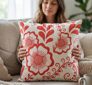 Funda de Almohada con Motivo Botánico de Estilo Escandinavo Tradicional con Ilustraciones Rojas Vibrantes, Suministro Directo de Fábrica 18X18 - Product Image 2