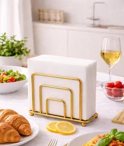 Porte-serviettes en métal doré, design géométrique en fil métallique, support à mouchoirs sur pied, organisateur de table décoratif - Product Image 6