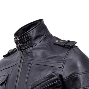 Veste en cuir vintage slim pour homme, hiver, tricotée, brodée, coupe-vent, respirante, écologique, col montant, fermeture éclair - Product Image 5