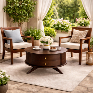 Luxury Teak Wood Modern Design Durable Idul Round Coffee <b>Table</b> Accent <b>Table</b> with 2 Drawers for Stylish Home Furniture Storage - Product Image 6