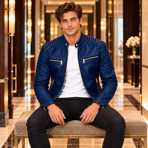 Blouson de motard en cuir bleu roi pour homme, coupe ajustée, fermeture éclair, col montant, épaules côtelées, style Café Racer, vêtement d'extérieur décontracté, vente en gros, personnalisable - Product Image 6