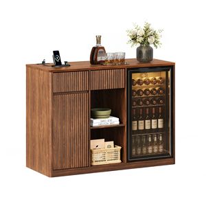 Modern Fluted <b>Bar</b> <b>Cabinet</b> with Fridge Compartment Adjustable Shelves and Power Outlets 51.2 Inch - Product Image 2