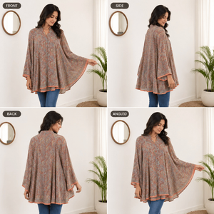 Túnica Étnica Elegante de Seda con Cuello en V para Mujer, Dobladillo en Capas, Tejido Transpirable y Lavable, Ecológico, Ajuste Relajado, Cintura Natural, Estilo Boho Chic - Product Image 2