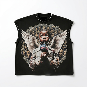 Camiseta sin mangas con estampado gráfico personalizado DTG y pedrería, 100% algodón jersey, tela suave, estilo vintage moderno, unisex. - Product Image 1