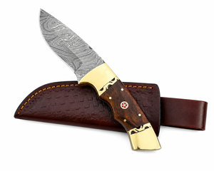 Cuchillo de Caza y Camping de Acero de Damasco, Mango de Madera de Palisandro con Empuñaduras de Latón, Hoja de Punta Caída de 4mm de Grosor, Funda de Cuero Personalizada, 9 Pulgadas - Product Image 2