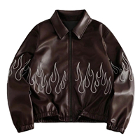 Veste en cuir streetwear personnalisée pour homme, avec motif flamme brodé, vestes en cuir OEM, grandes tailles, vestes en cuir tendance hip-hop