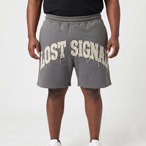 <b>Men</b> Plus Size Distressed Embroidery Sweat <b>Short</b> 100% Cotton <b>Fleece</b> Baggy Drawstring Waist Plus Size 450 GSM Sweat <b>Shorts</b> <b>Men's</b> - Product Image 1