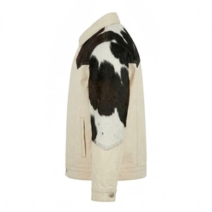 Veste en jean crème pour homme avec patchwork en cuir de vachette, coupe classique, manteau décontracté d'hiver - Product Image 4
