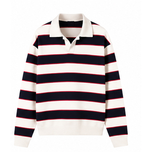 Pull en tricot rayé pour homme, manches longues, coupe classique, fermeture à un bouton, couleurs marine, rouge et blanc, pulls en tricot - Product Image 1