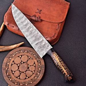 Couteau de chasse et de camping à lame Damas, manche en forme de cône de pin, fourreau en cuir, lame pleine longueur, haute dureté – Offre Spéciale - Product Image 4