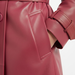 Abrigo Largo de Cuero Rosa con Cinturón, Cuello con Muescas, Manga Larga, Resistente al Viento, Elegante, Ropa de Invierno para Mujer - Product Image 6