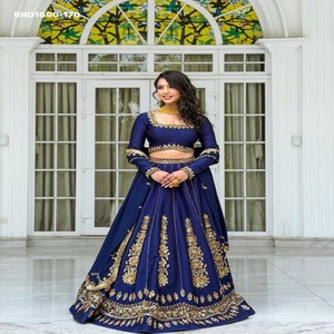 Conjunto de lehenga y blusa para mujer, de chinon pesado con bordado de hilo, color azul Can-Can, proveedor de moda femenina de la India - Product Image 1
