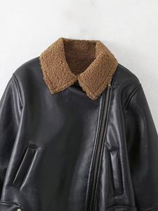 Chaqueta bomber de piel sintética negra para mujer con cuello y puños con ribete de piel, abrigo corto de invierno a prueba de viento, manga larga - Product Image 4