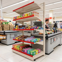 Étagère de présentation métallique moderne la plus vendue pour supermarché, réglable, avec grille à bordure rouge, revêtement en poudre époxy, autoportante
