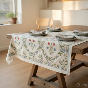 Hand Block Printed Cotton Canvas <b>Tablecloth</b>, Floral Dining Table Cloth - Product Image 6