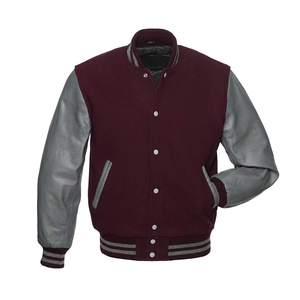Chaqueta Varsity de Lona Sólida Color Granate para Hombre con Mangas de PU Gris, Cierre de Botones, Estilo Casual para Invierno, Corte Regular, Cuello en V - Product Image 2