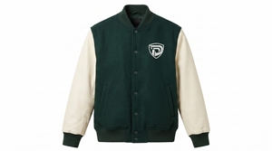 Veste de sport verte pour homme, manches crème, logo brodé, fermeture boutonnée sur le devant, style preppy, vêtement d'extérieur pour l'automne - Product Image 1