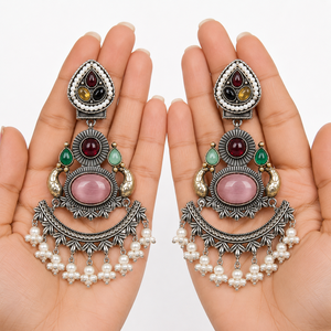 Fabricant Vérifié Boucles d'oreilles pendantes de mariage pour femme en zinc plaqué or et argent oxydé, motif fleur de perle bohème, sertissage clos - Product Image 3