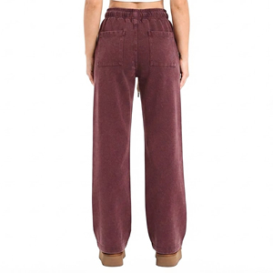 Pantalones de pierna recta de color liso con cintura elástica, estilo casual, a la moda, con bolsillos laterales, joggers de pierna ancha para mujer, al por mayor - Product Image 3